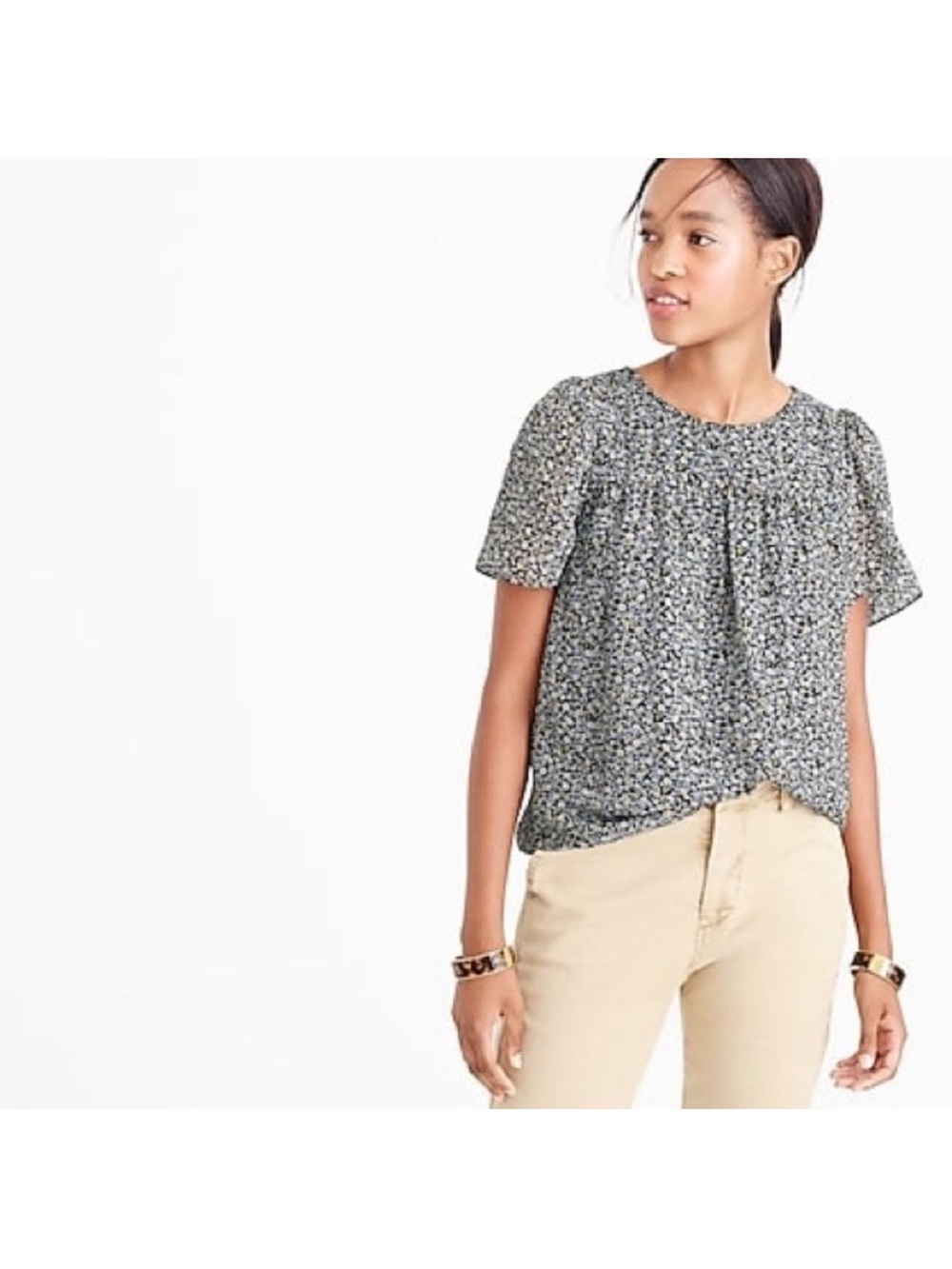 NWT J. Crew Navy Floral Metallic Chiffon Short Sleeve Blouse Women’s 0